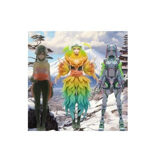 HANDCRAFTED digital art print poster Vibrant Anime Character Figures Trio
